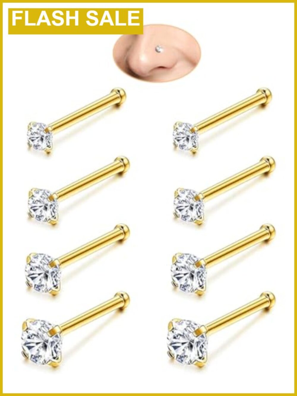 8PC 316L Surgical Steel Nose Studs 18G 20G Cubic Zirconia Body Jewelry Set